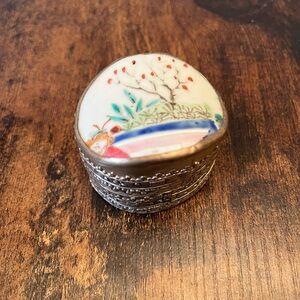 1920s Vintage Chinese Porcelain Silver Box Hand Painted Lidded Box Trinket Japan